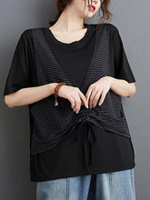 False Two Striped Split-Joint Drawstring T-Shirts