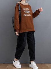 Women Plus Velvet Print Stitching Hooded Sweatshirt