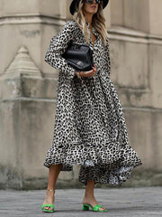 Leopard Print Long Sleeve V-Neck Loose Midi Dress