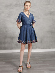 Original Applique V-Neck Denim Dress