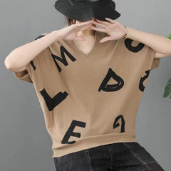 Women V-Neck Bat Sleeve Print Loose Casual T-Shirt