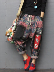 Loose Floral Printed Badge Stick Drawstring Harem Pants
