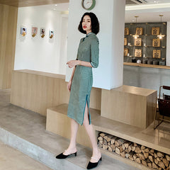 Stand Collar Slash Checkered Cheongsam With Low Slit Midi Dress