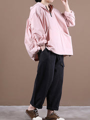 Women Loose Hooded Zipper Pullover Sweatshirt