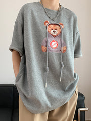Round Neck Bear Print Short Sleeves T-Shirt Tops