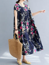 Women Round Neck Print Loose Slimming Dress