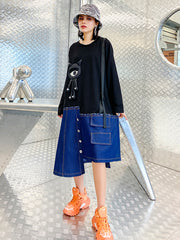 Cartoon Printed Split-Joint Denim Midi Dress