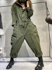Retro Personality Lapel Collar Solid Color Jumpsuit
