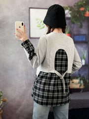 Women Plaid Stitching Slim Long Sleeve Sweatshirt