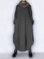 Casual Loose Solid Color Falbala Round-Neck Long Sleeves Maxi Dress