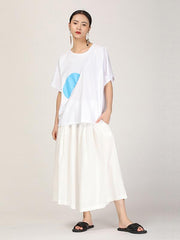 Vintage Blue Semicircle Print Round-Neck T-Shirt