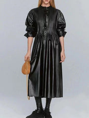 Pleated Round Neck High Waist Mid-Length Leather Dress