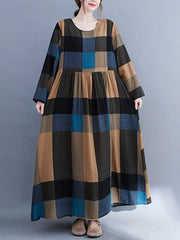 Loose Plaid Printed Long Sleeve Maxi Dress