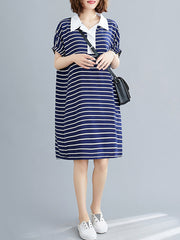 Striped Lapel Split-Joint Midi Dress