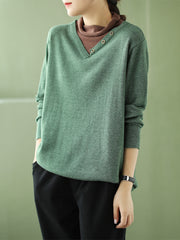 Women Retro Turtleneck Pullover Color Block Knitted Sweater