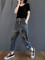 Vintage Washed Distressed Embroidered Jeans