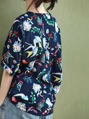 Vintage Flower Print Round Neck T-Shirt