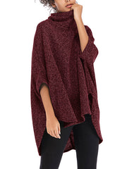 Batwing Sleeves High-Low Solid Color High Neck Knitwear Pullovers Sweater Tops