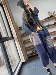 Retro Literary Contrast Color Patch Plaid Casual Pants