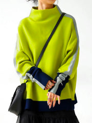Long Sleeves Contrast Color Split-Joint High Neck Sweatshirt Tops