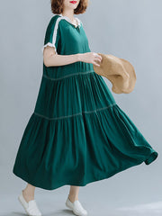 Loose Pleated Color Matching Round Neck Dress