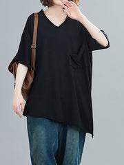 V-Neck Irregular Hole Half-Sleeved T-Shirt Tops