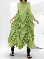 Roomy Sleeveless Pleated Pure Color Round-Neck Midi Dresses