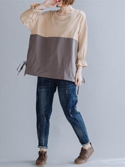 Loose Contrast Color Round Collar Falbala T-Shirt