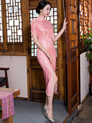 Pink&Gray Vintage Long  Cheongsam  Lace  Dress