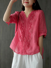Ramie Loose Embroidered Solid V-Neck Shirt
