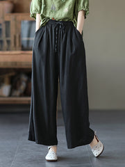 Retro Lace Up Elastic Waist Loose Wide Leg Casual Pants