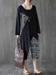 Retro Round Neck Print Midi Dress