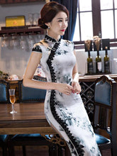Lacy Ink&Lotus Print Long Cheongsam Dress