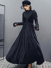 Vintage Lace-Up Velvet Empire V-Neck Sling Dress