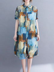 Loose Printed Short-Sleeved Shirt Dresses