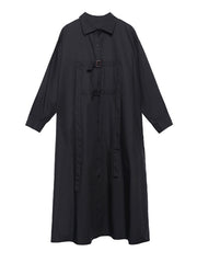 Black Solid Lapel Belted Midi Dress