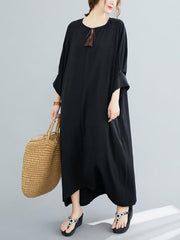 Artistic Retro Solid Raglan Sleeve Dress