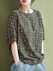 Vintage Flower Print Round Neck T-Shirt