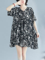 Loose Floral V-Neck Falbala Dress