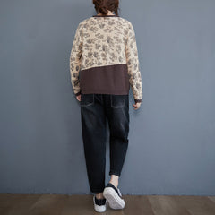 Women Retro Floral Contrast Stitching Sweater