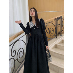 Retro Splicing Lace Solid Color Midi Dress