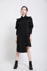 Women Solid Color Lapel Casual Dress