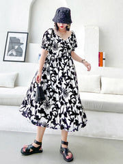 Original Floral Bishop Sleeve Elasticity Waist Dress