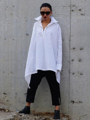 White Split-Back Lapel V-Neck Blouse