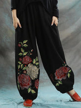 Linen Embroidered Elastic Loose Plus Size Pants