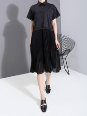 Solid Chiffon Pleated Splicing Lapel Dress