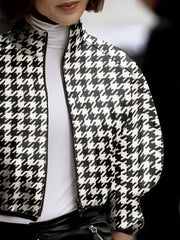 Loose Puff Sleeves Houndstooth Stand Collar Outerwear