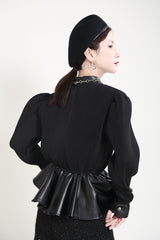 Pleated Stitching Leather Ruffled Sweatshirt