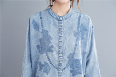 Embroidered Stand Collar Denim Blouse
