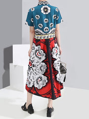 Vintage Print Short Sleeve Loose Midi Dress